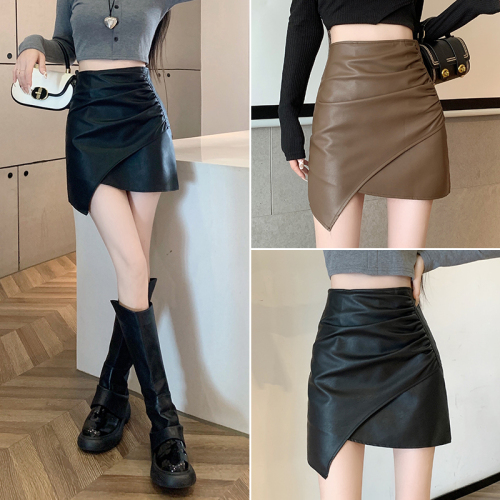 Irregular PU leather skirt for autumn and winter new style high-waisted pleated versatile slimming hip skirt A-line skirt