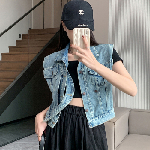 Real shot~Sleeveless waistcoat denim vest for women new 2024 summer style casual vest top jacket