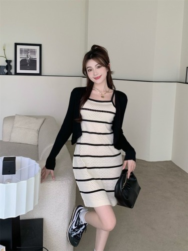 Real shot French design hollow striped high-end suspender knitted dress niche hot girl style