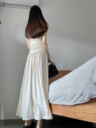 Actual shot of the walking muse, irregular pleated vest long skirt, slim high waistline two-color dress for summer