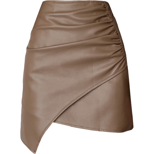 Irregular PU leather skirt for autumn and winter new style high-waisted pleated versatile slimming hip skirt A-line skirt