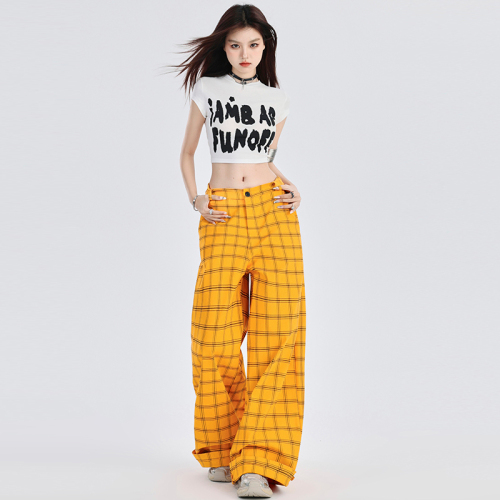 Real shot Elastic waist elastic plaid｜Wide leg pants for women summer loose and drapey floor mopping casual pants