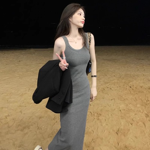 92 cotton/8 spandex 40 counts 210g pure cotton gray long tank top dress women summer 2024 Korean style skirt