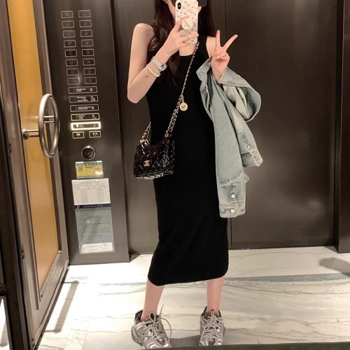 92 cotton/8 spandex 40 counts 210g pure cotton gray long tank top dress women summer 2024 Korean style skirt