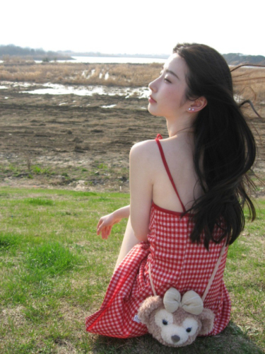 Korean summer 2024 new sweet and cool strappy red plaid inner layered suspender dress