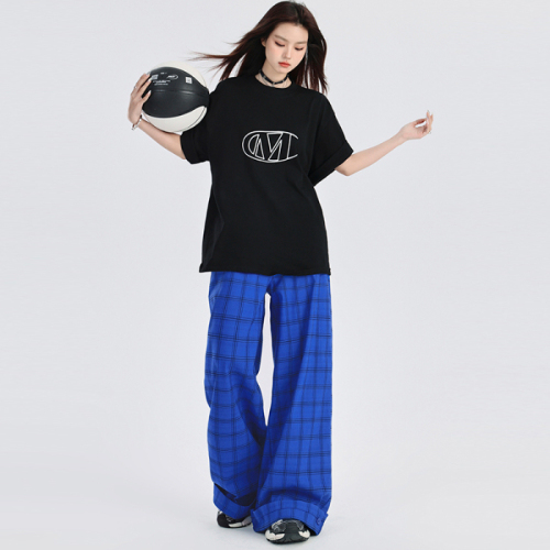 Real shot Elastic waist elastic plaid｜Wide leg pants for women summer loose and drapey floor mopping casual pants