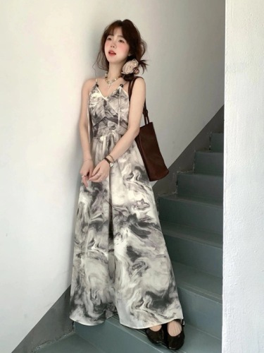 Tea Break French Style Ink Wash V-Neck Slip Dress for Children Summer 2024 New Arrival Chinese Style National Wind Long Skirt