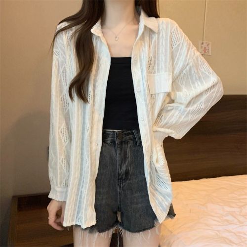 Real shot original fabric casual crochet hollow shirt design niche women's slim white shirt top