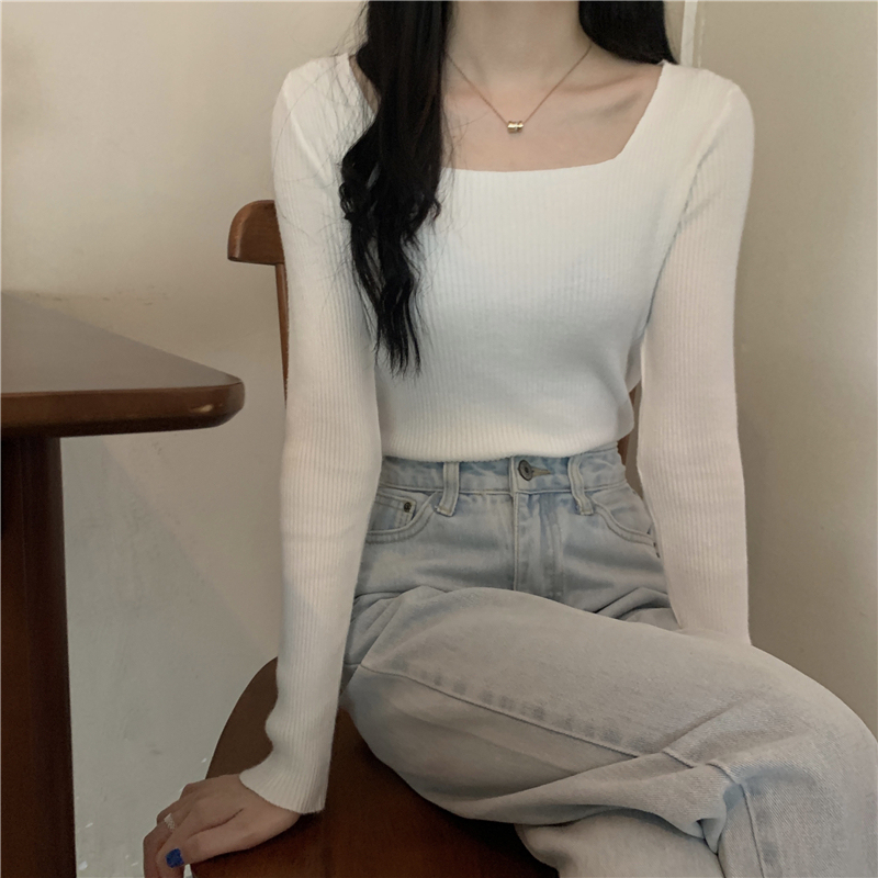 Slim-fitting square-neck pullover long-sleeved knitted bottoming shirt