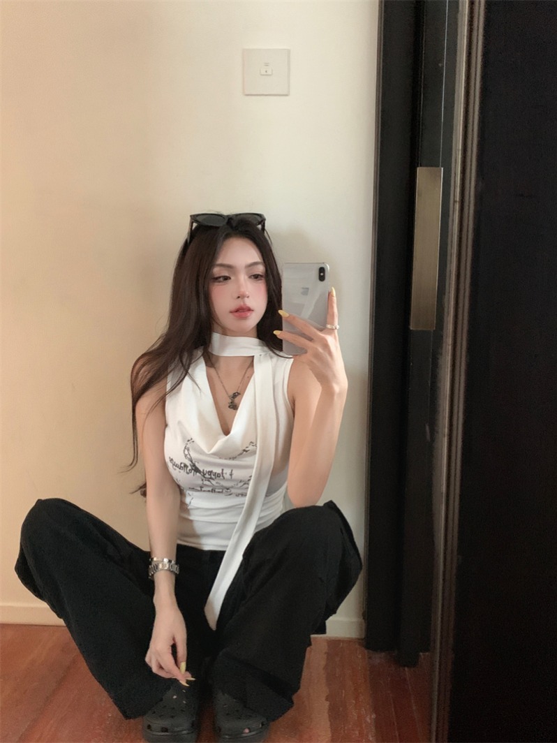 實拍 辣妹盪領一字肩背心T恤印花美式設計稿飄帶上衣女