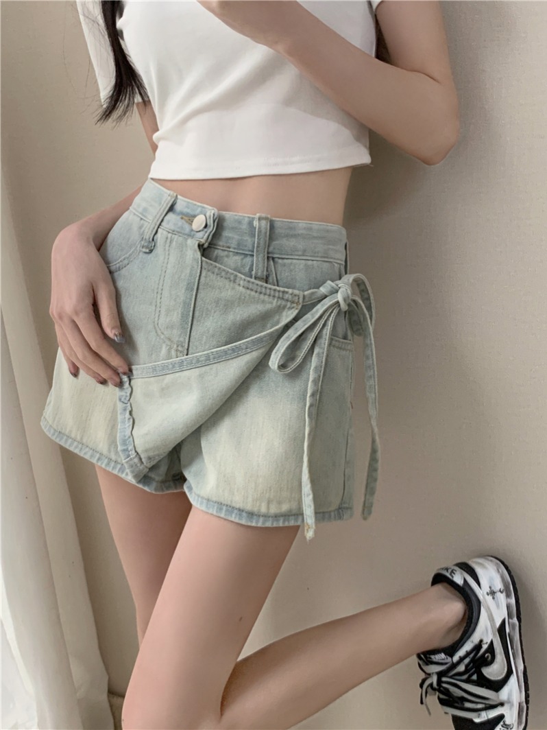 Photographed True Vintage Washed Distressed Denim Skirt Pants for Women Summer High-Waist False Two-Piece Semi-Skirt Short Skirt
