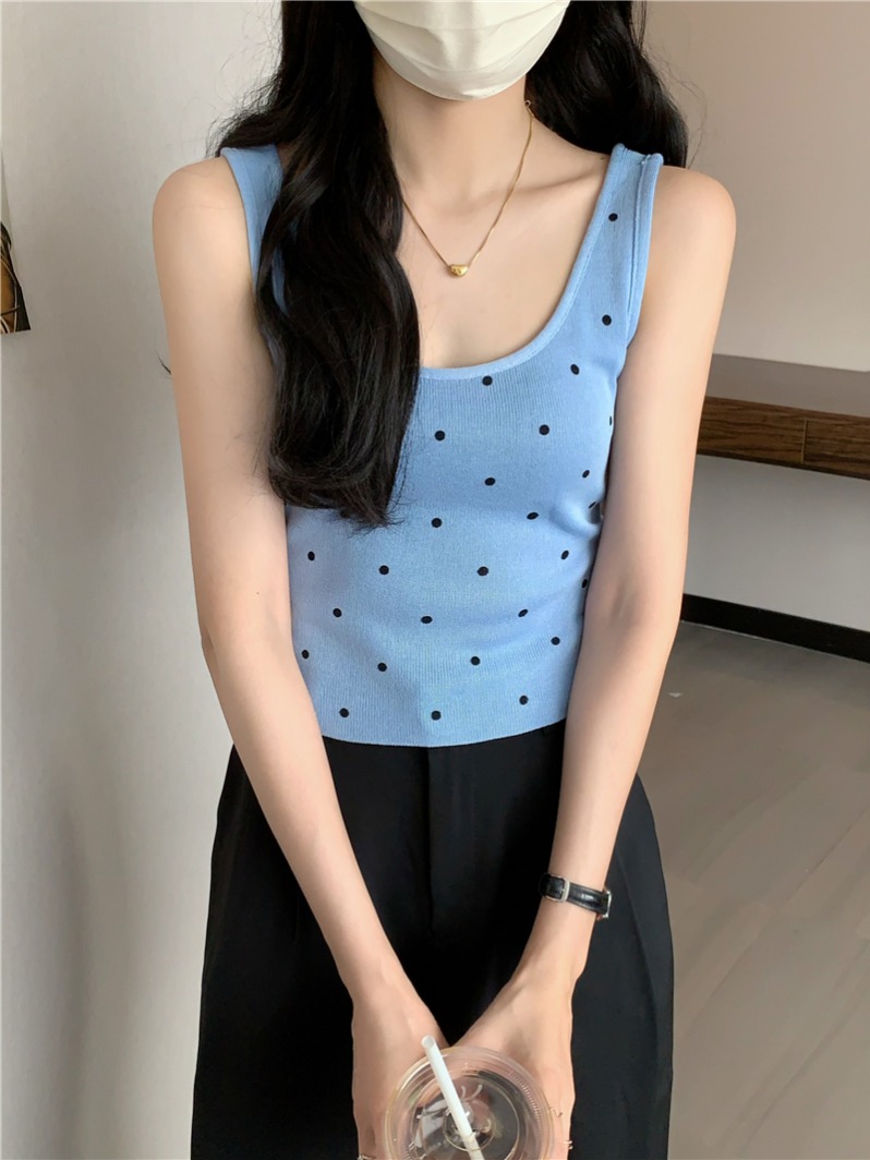 Actual shot of Vitality Girl U collar polka dot print versatile sleeveless vest top for women