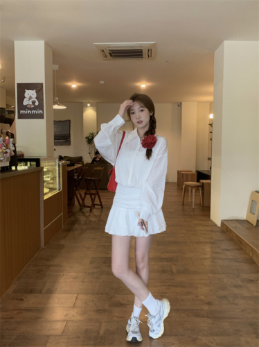 Real shot and real price Designed white sunscreen shirt dress for women summer new style temperament waist A-line skirt short skirt