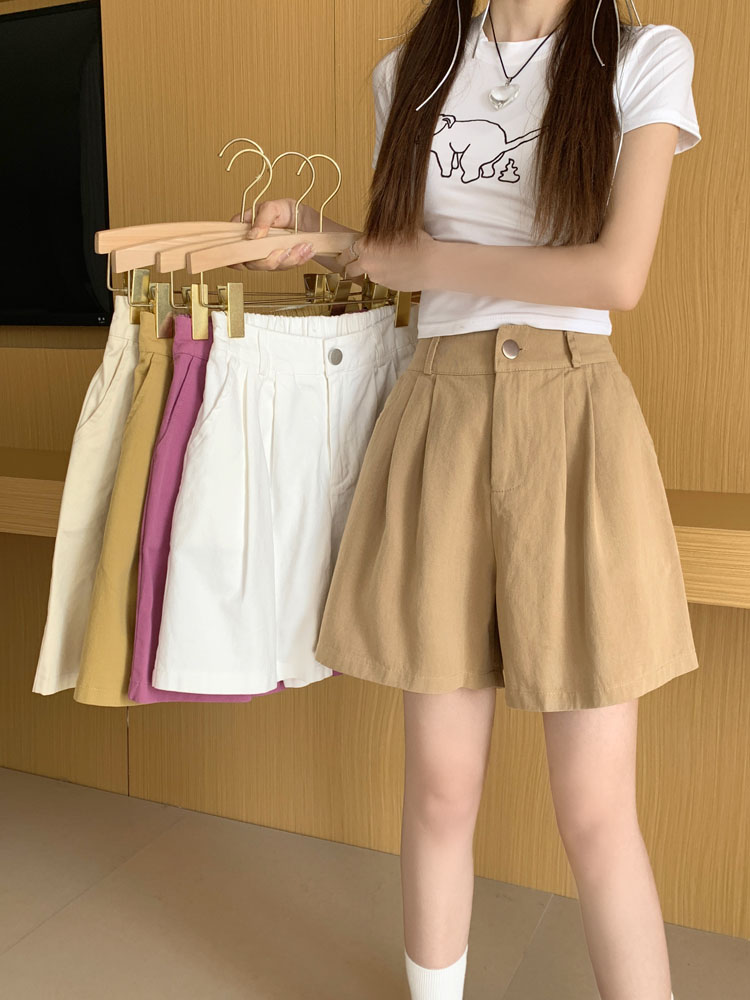 Real shot ~ 2024 new Korean style washed cotton casual pants semi-elastic waist wide leg pants shorts for women