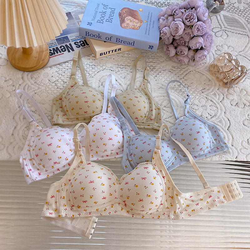實拍 甜美碎花小胸胸罩無鋼圈 聚攏文胸收副乳防下垂內衣女夏