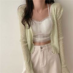 chic Korean style petal edge blended ice silk sweater cardigan sun protection shirt + lace chest wrap