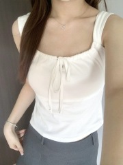 性感辣妹鏤空系帶背心女夏季帶胸墊短款設計感別致休閒百搭上衣潮