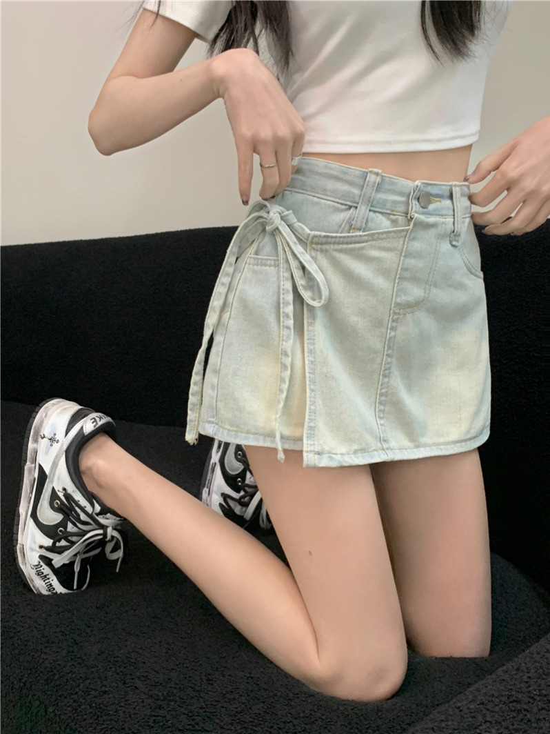 實拍 真 復古水洗做舊牛仔裙褲夏季高腰假兩件半身裙短裙