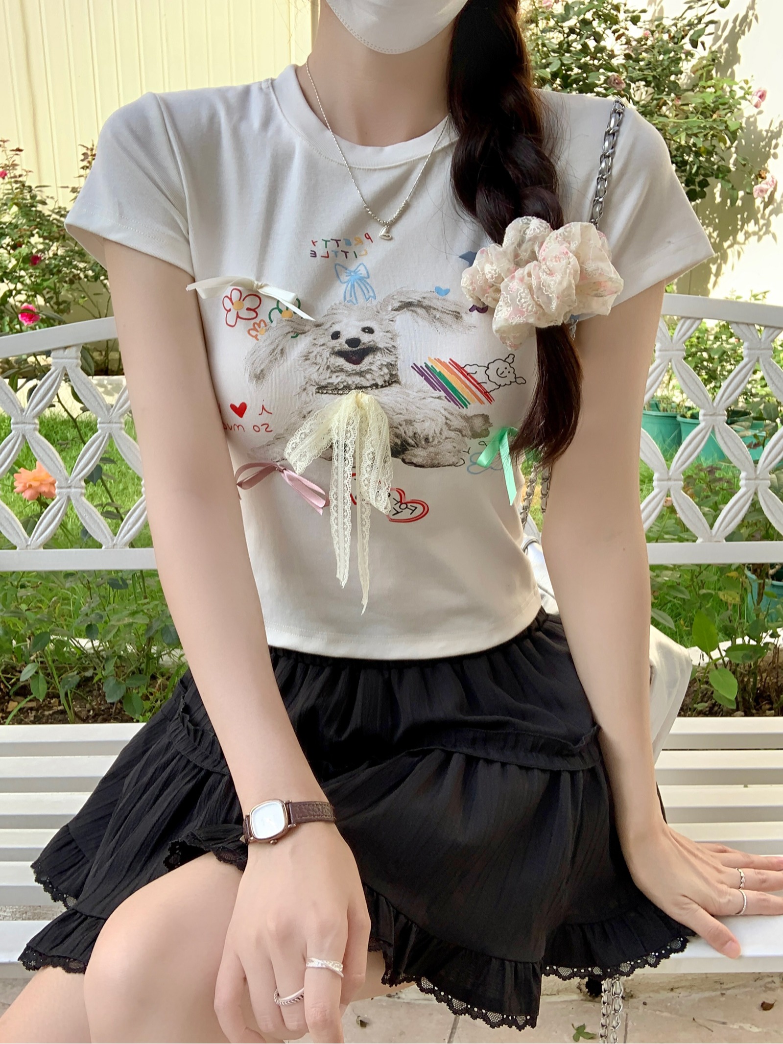 Real shot 1*1 threaded 210g short-sleeved T-shirt summer 2024 embroidered flower right shoulder slim short round neck top for women