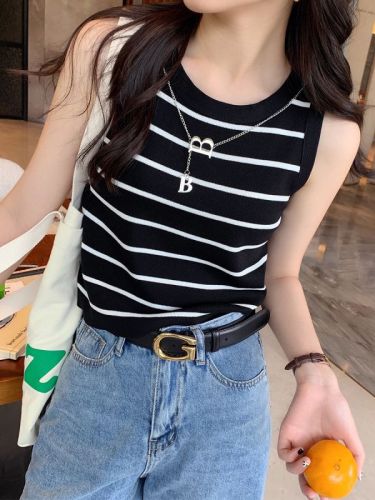 Pure lust hot girl style high-waisted navel-baring short striped vest for women summer new slim fit inner sleeveless