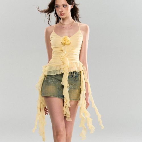 2024 new summer style asymmetric ruffle flower V-neck suspender resort style chiffon pleated sleeveless top summer