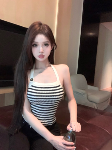 Real shot Decorative buckle contrast navy stripe backless soft and waxy comfortable knitted halter top suspender summer