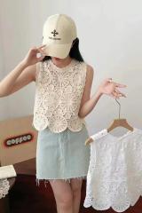 2024夏季新款海邊度假風波浪邊圓領無袖背心女短款鏤空馬甲