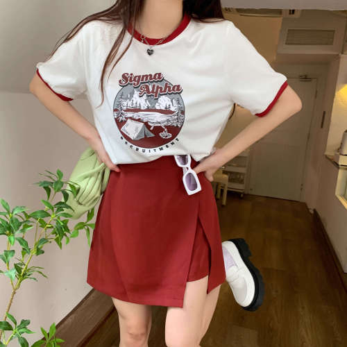 6535 cotton large size women's slightly fat MM short-sleeved printed T-shirt top slit skirt slimming cover suit summer