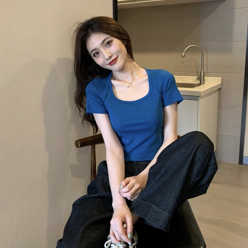 Summer new ins trendy square collar short top design niche high-end right shoulder short-sleeved T-shirt for women