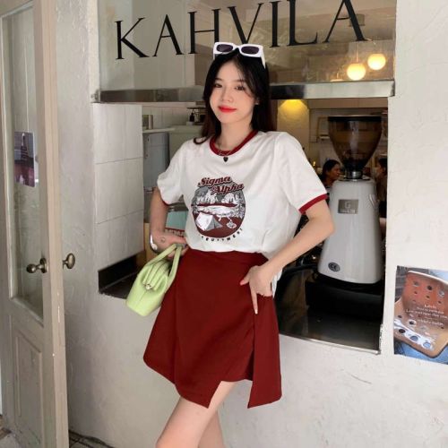 6535 cotton large size women's slightly fat MM short-sleeved printed T-shirt top slit skirt slimming cover suit summer