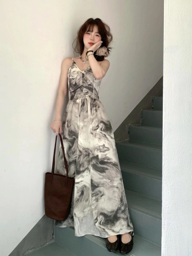 Tea Break French Style Ink Wash V-Neck Slip Dress for Children Summer 2024 New Arrival Chinese Style National Wind Long Skirt