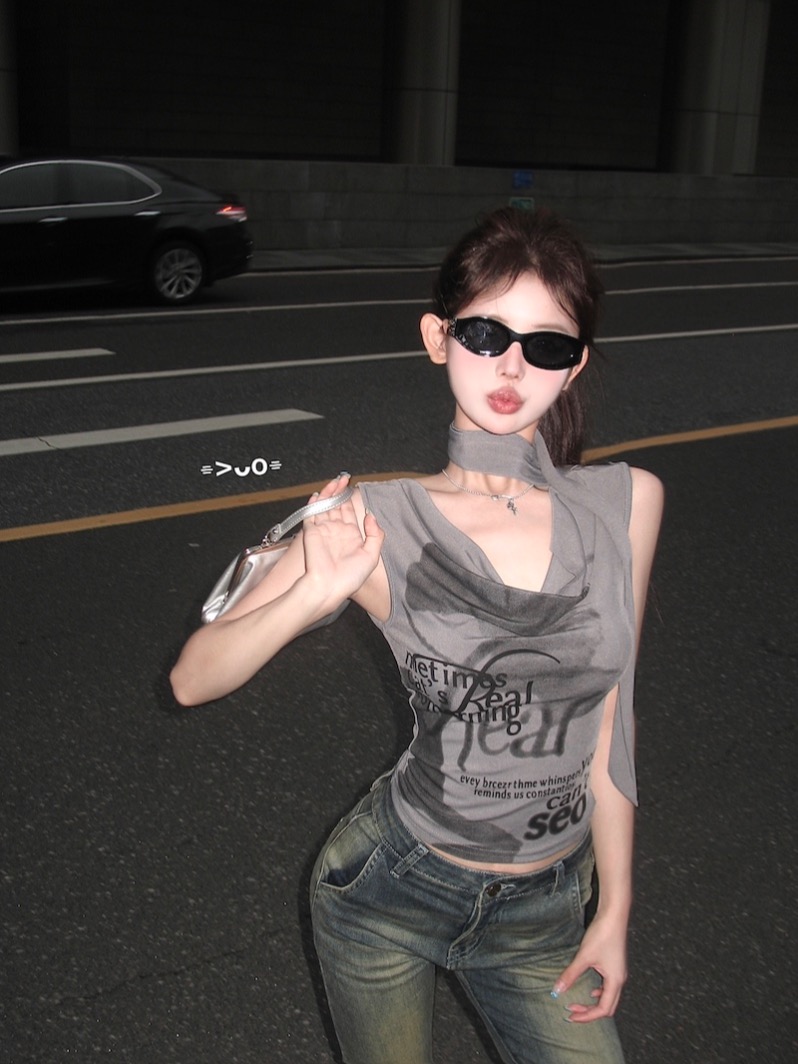 Photographed Design-Style Hot Girl American Print V-Neck Straps Student T-Shirt Backless Top Underwear