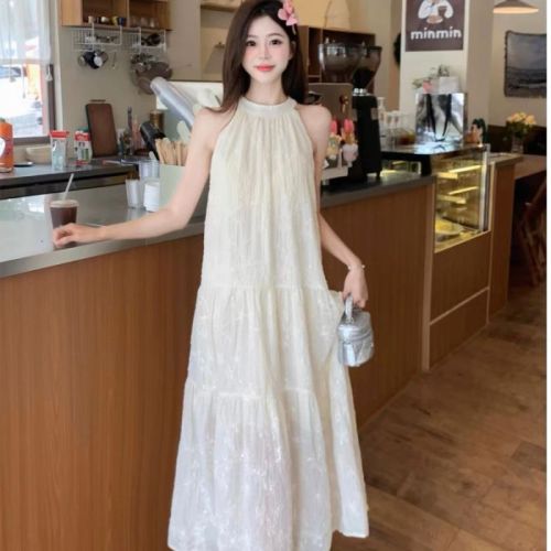 Original jacquard fabric + lining large size lace halterneck dress women's sleeveless long skirt covering belly and slimming skirt