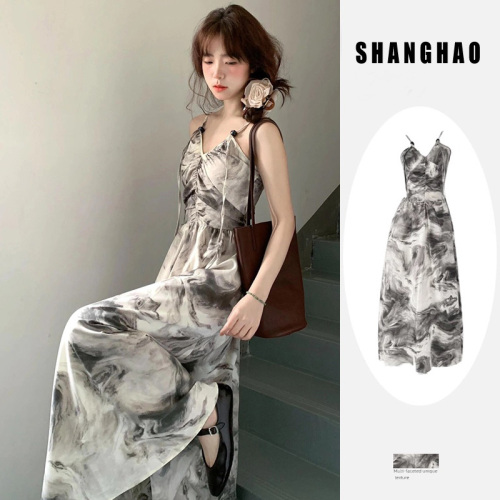 Tea Break French Style Ink Wash V-Neck Slip Dress for Children Summer 2024 New Arrival Chinese Style National Wind Long Skirt
