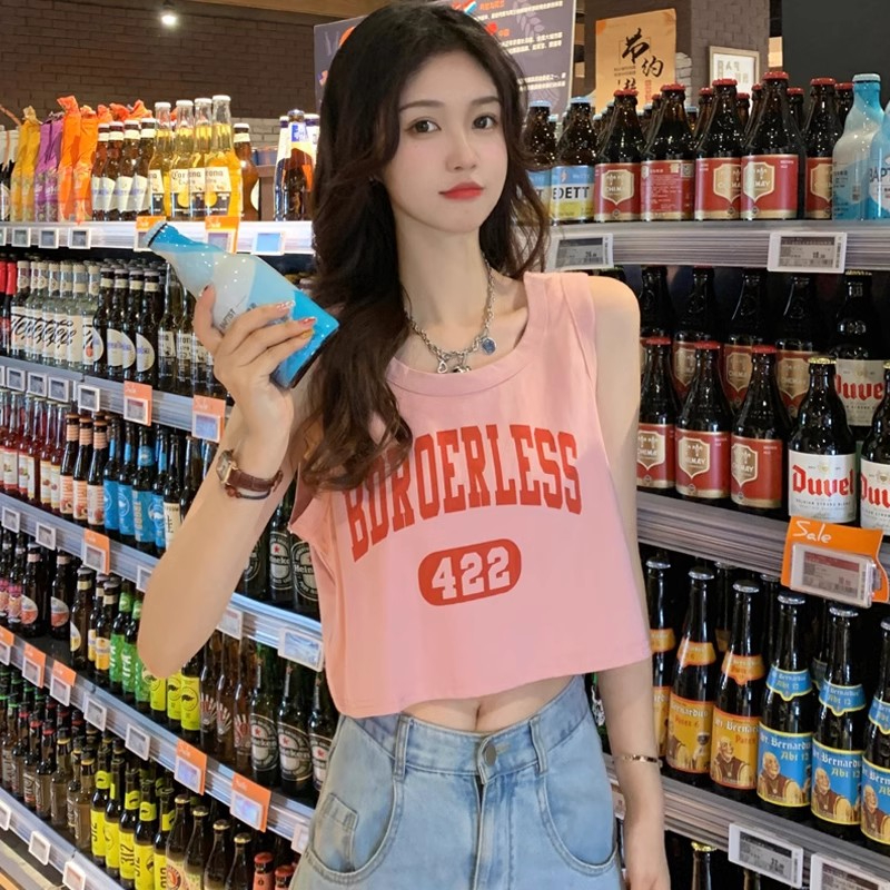 6535拉架棉 時尚超火運動坎肩背心內搭無袖印花t恤女夏季寬鬆上衣