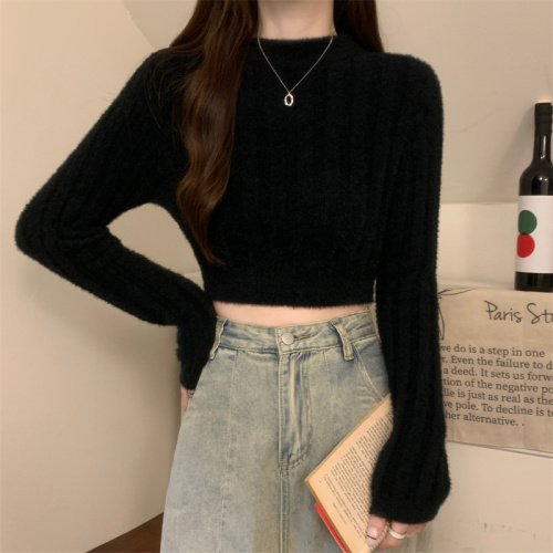 Autumn and winter hot girl soft and waxy imitation mink long-sleeved short knitted top for women