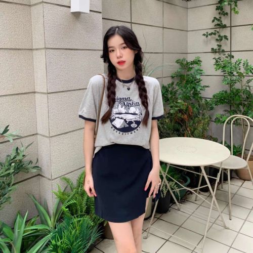 6535 cotton large size women's slightly fat MM short-sleeved printed T-shirt top slit skirt slimming cover suit summer