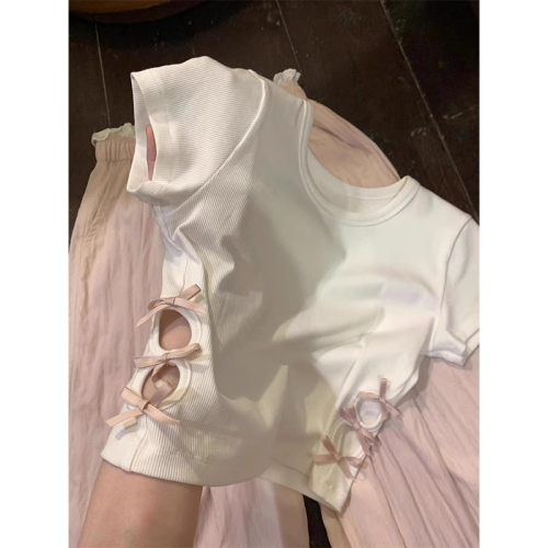 Original fabric 2024 new pure desire hollow bow slim hot girl right shoulder short sleeve T-shirt