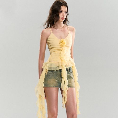 2024 new summer style asymmetric ruffle flower V-neck suspender resort style chiffon pleated sleeveless top summer