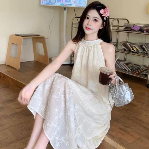 Original jacquard fabric + lining large size lace halterneck dress women's sleeveless long skirt covering belly and slimming skirt