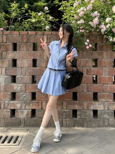 Real shots and real prices~College style blue striped lapel shirt dress for women summer waist pleated skirt short skirt