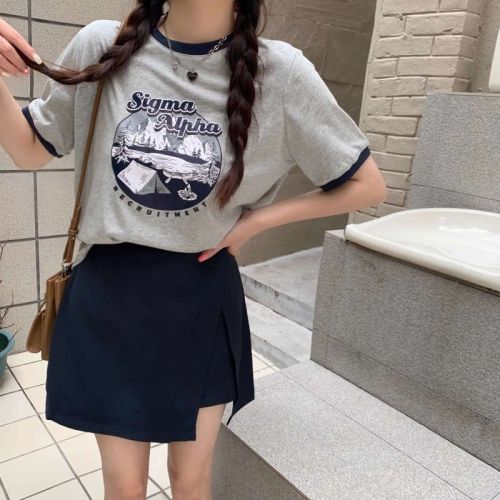 6535 cotton large size women's slightly fat MM short-sleeved printed T-shirt top slit skirt slimming cover suit summer