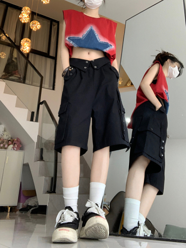 Actual shot 55 American style versatile breasted high-waisted flip overalls casual trousers