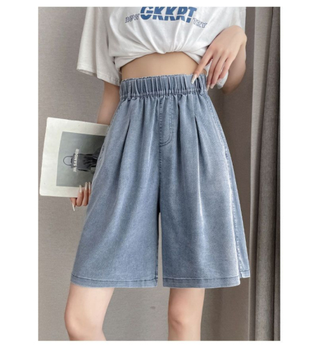 Summer Tencel Denim Shorts Women's Thin A-Line High Waist Slim Loose Large Size Ice Silk Straight Wide Leg Five-Level Pants