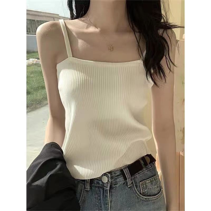 Pure Desire White Knitted Camisole Women's Summer Shirt Inside and Outerwear Design Niche Short Top