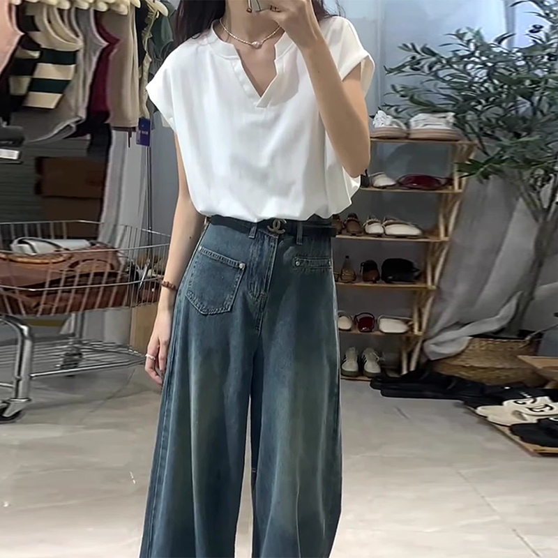 設計感甜辣妹v領正肩無袖背心t恤女夏休閒寬鬆高腰短款小飛袖上衣