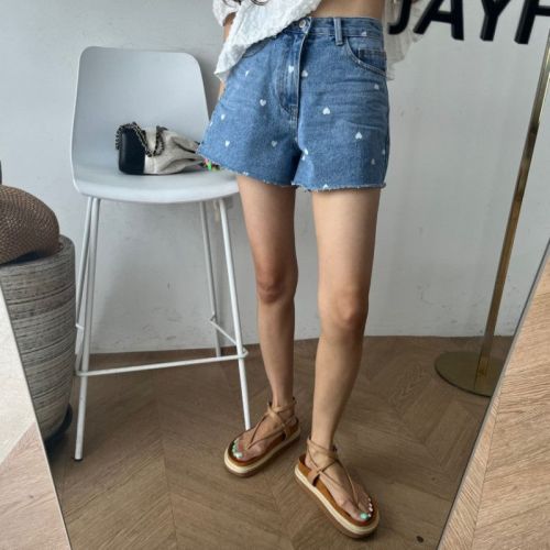 Retro love raw edge simple summer denim shorts