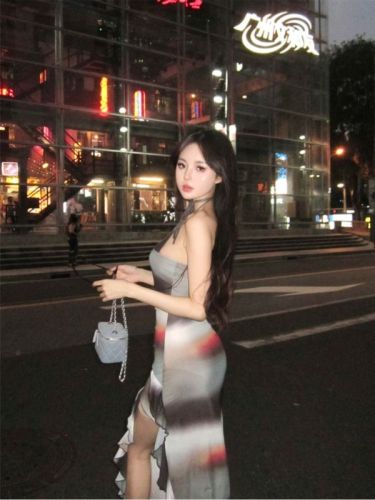 Real shot~Vacation style backless sling ruffled waist irregular slit mid-length dress for women summer