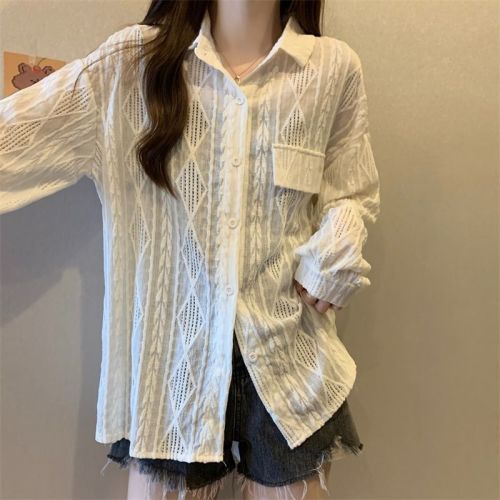 Real shot original fabric casual crochet hollow shirt design niche women's slim white shirt top