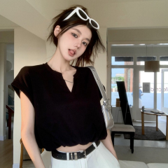 設計感甜辣妹v領正肩無袖背心t恤女夏休閒寬鬆高腰短款小飛袖上衣